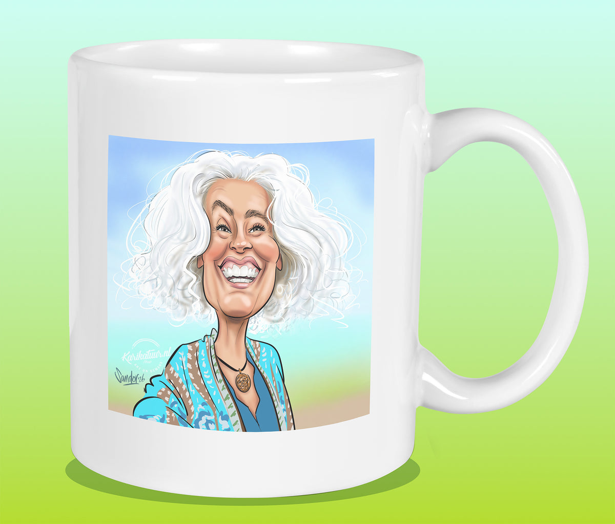Mok met de karikatuur van Nisha Tara (B&B Vol Liefde)