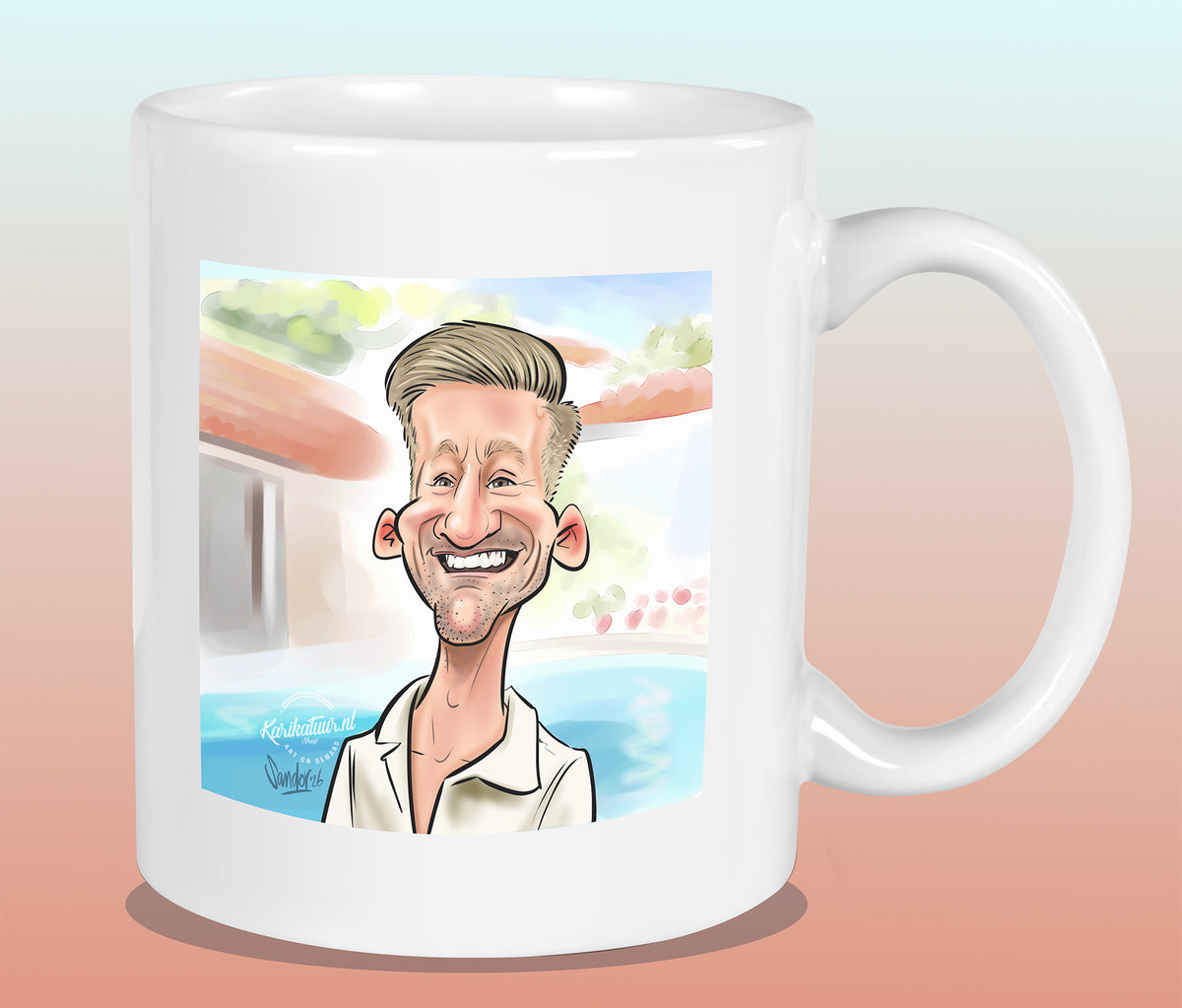 Mok met de karikatuur van Thomas (B&B Vol Liefde)
