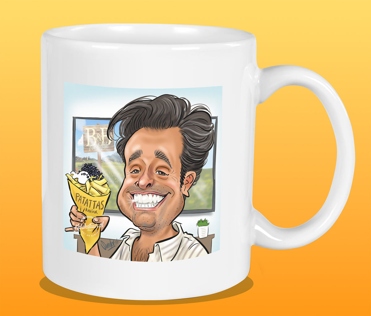 Mok met de karikatuur van Timothy (B&B Vol Liefde)