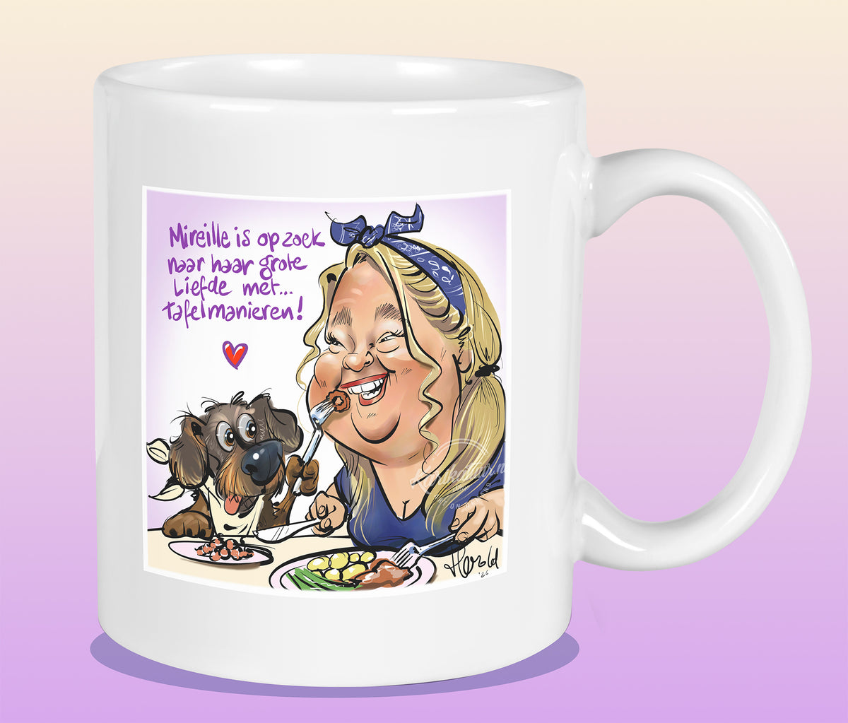 Mok met de karikatuur van Mireille (B&B Vol Liefde)